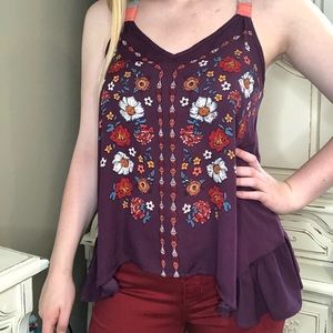 💐Deep Purple Ruffle Tank Top with Flower Print
